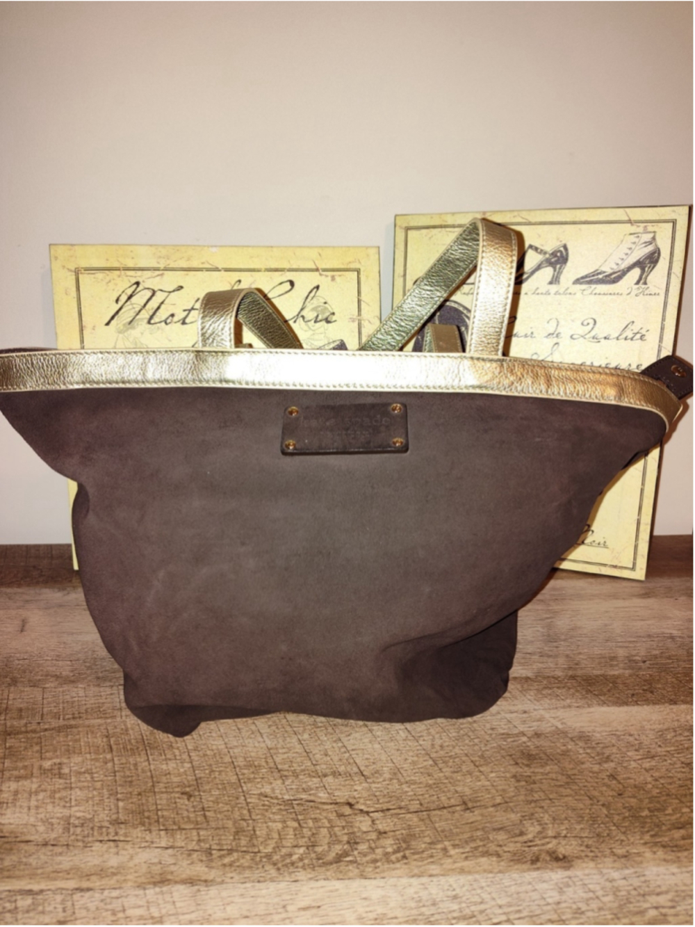 Kate Spade Suede Brown and Gold Tote 16" × 12" × 9" EUC